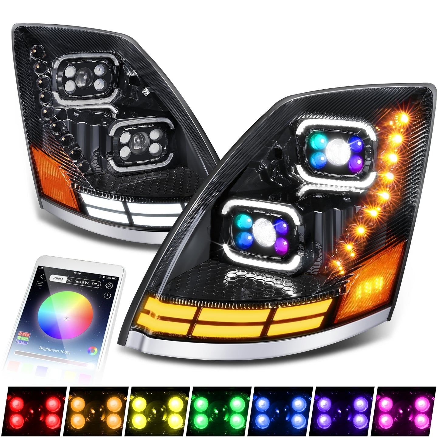 FAROS 04-18 VOLVO VN VNL 300 400 430 630 740 760 860 - FULL LED RGB DRL SEQUENTIAL TURN SIGNAL - BLACK