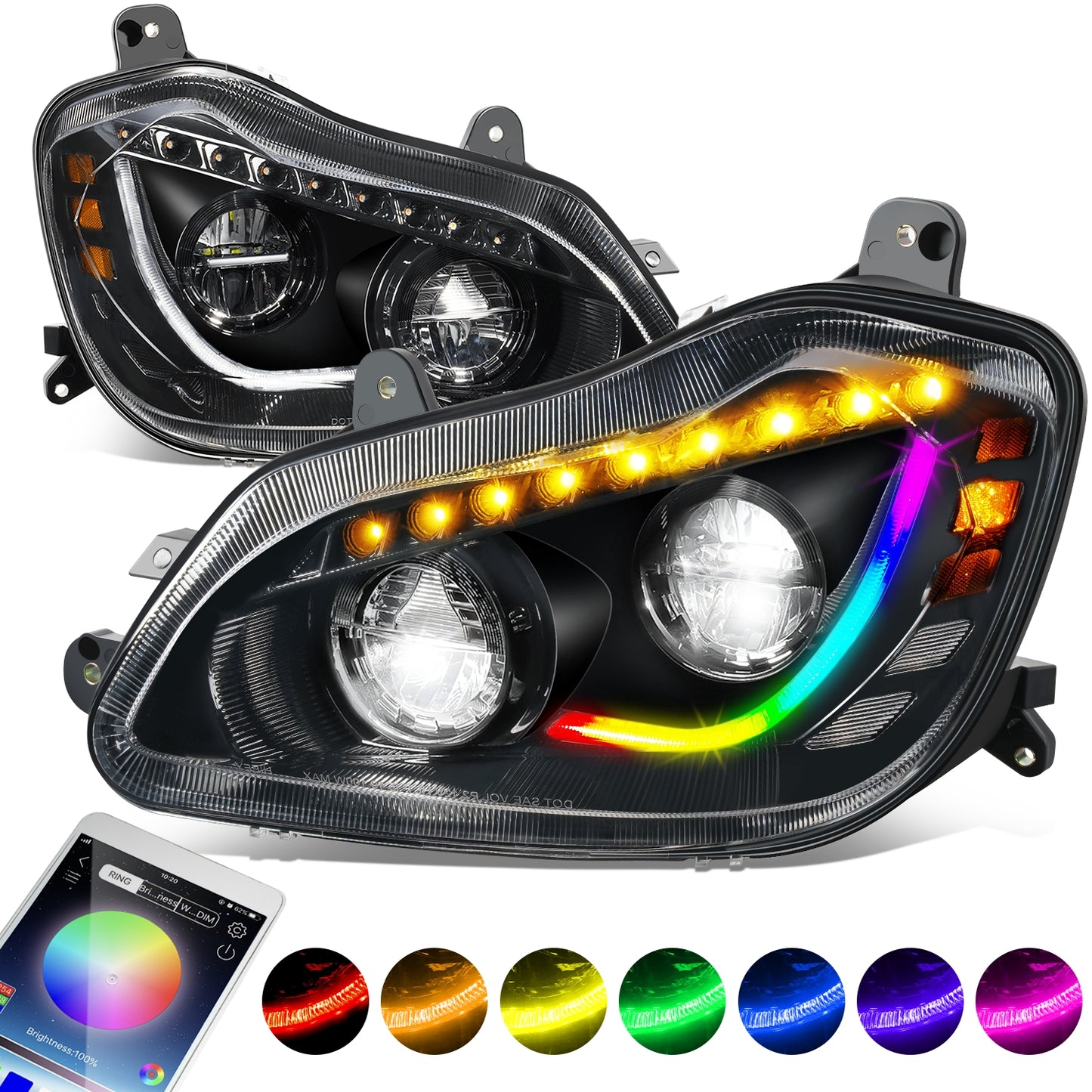 FAROS 13-21 KENWORTH T680 - FULL LED SEQUENTIAL TURN SIGNAL RGB RUNNING LIGHT - BLACK