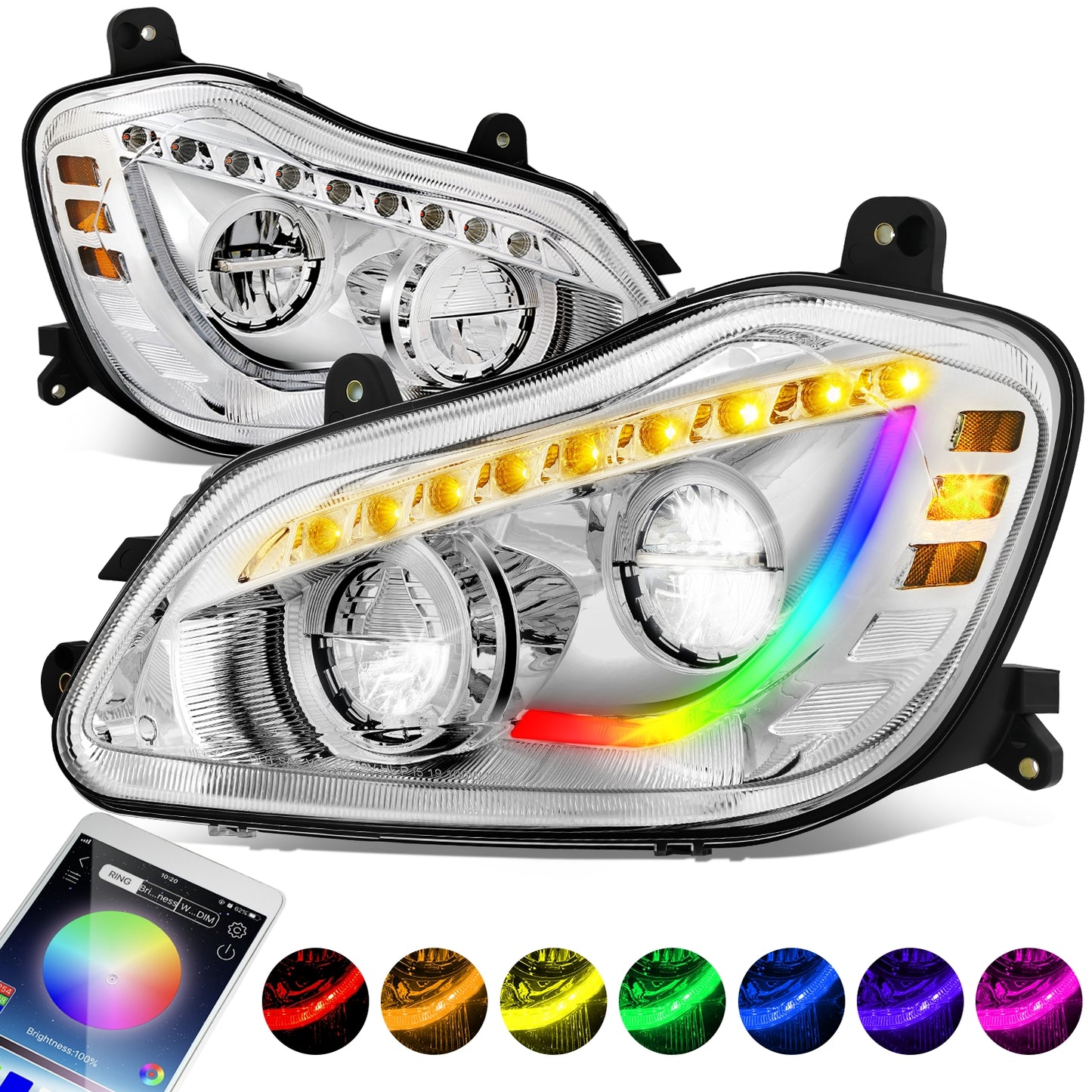 FAROS 13-21 KENWORTH T680 - FULL LED SEQUENTIAL TURN SIGNAL RGB RUNNING LIGHT - CHROME