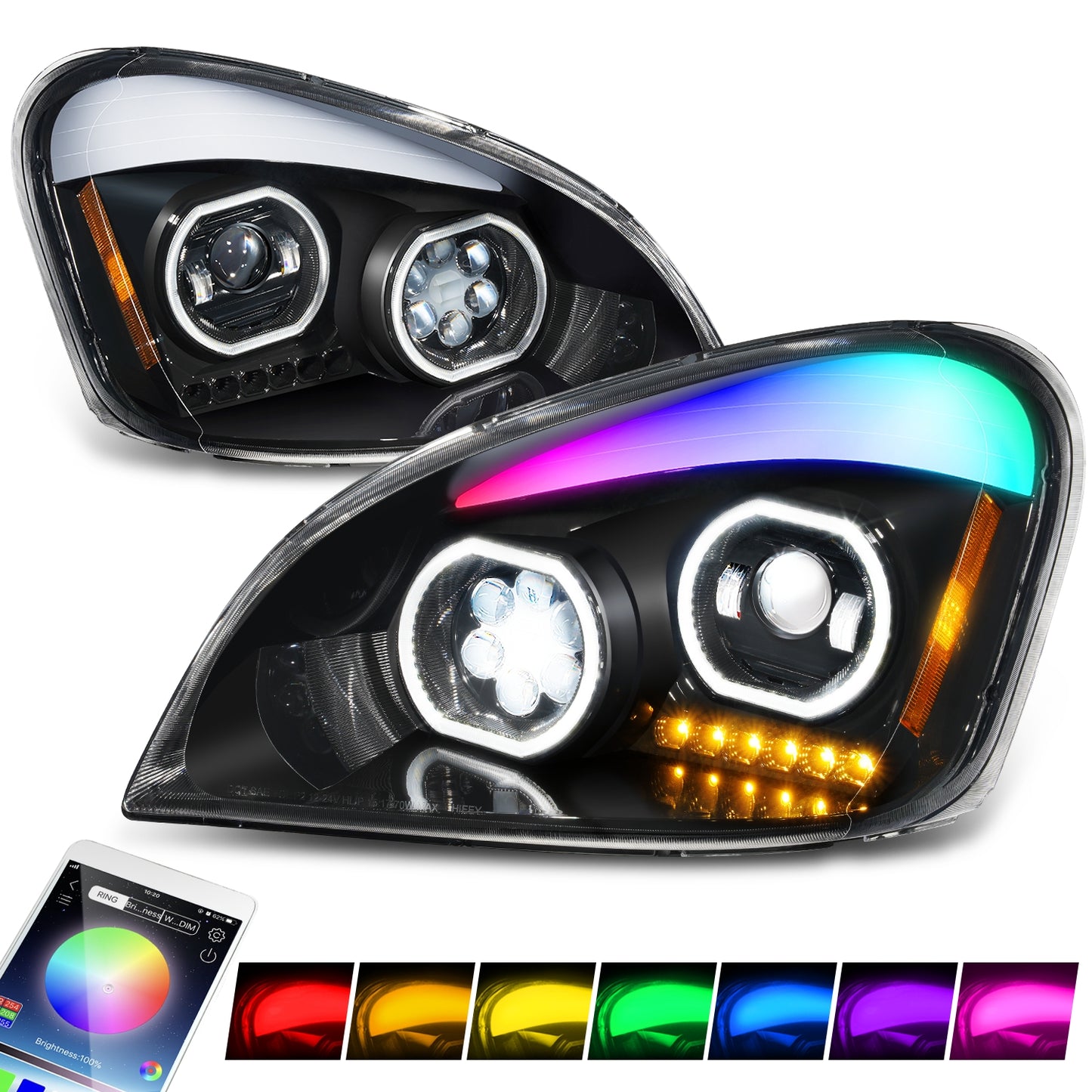 FAROS 08-17 FREIGHTLINER CASCADIA - FULL LED HALO PROJECTORS GATTLING BARREL RGB - BLACK