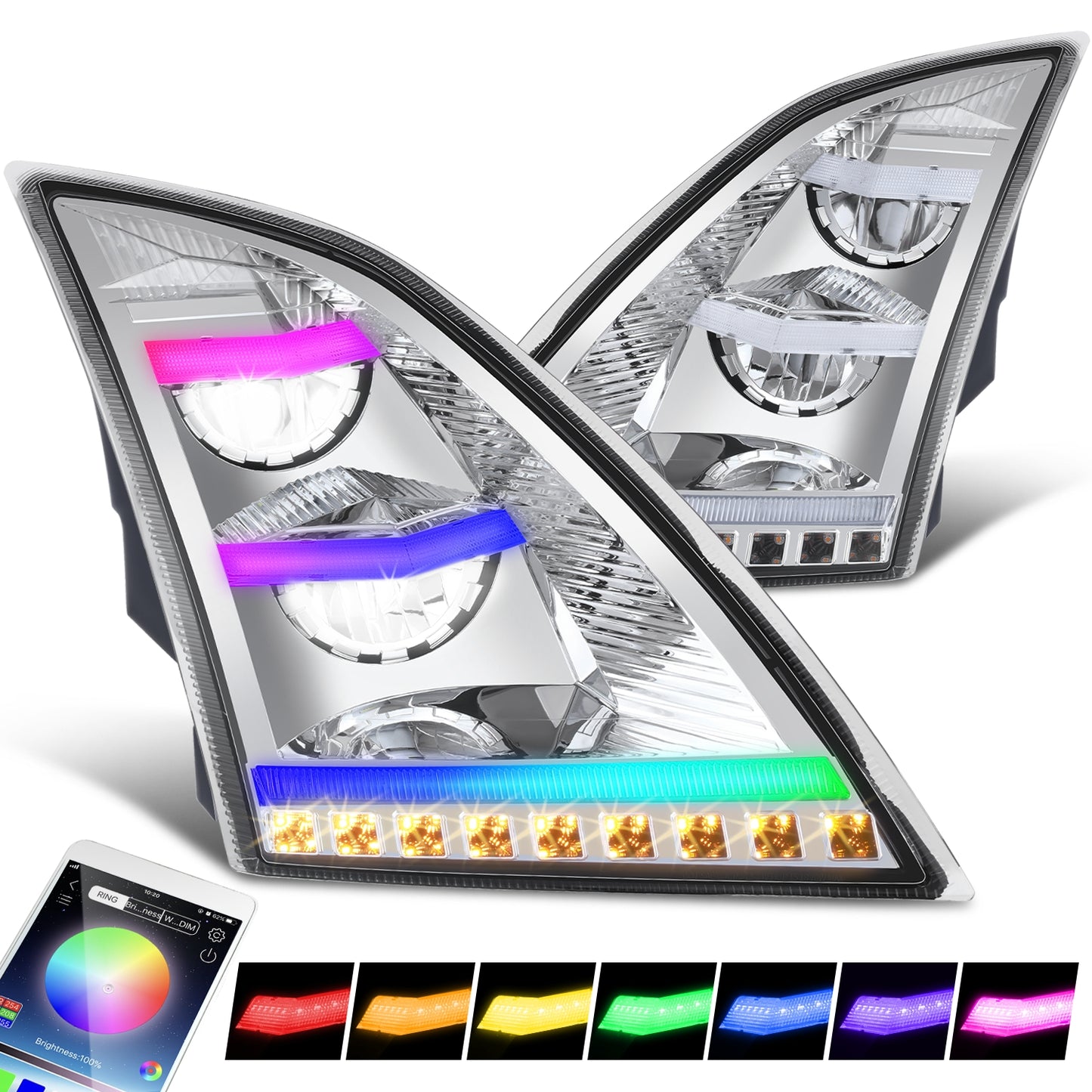 FAROS 18-21 VOLVO VNL, VNL 300, VNL 400, VNL 740, VNL 760, VNL 860 / 18-21 VOLVO VNR, VNR 300, VNR 400, VNR 640 - FULL LED RGB DRL SEQUENTIAL TURN SIGNAL - CHROME