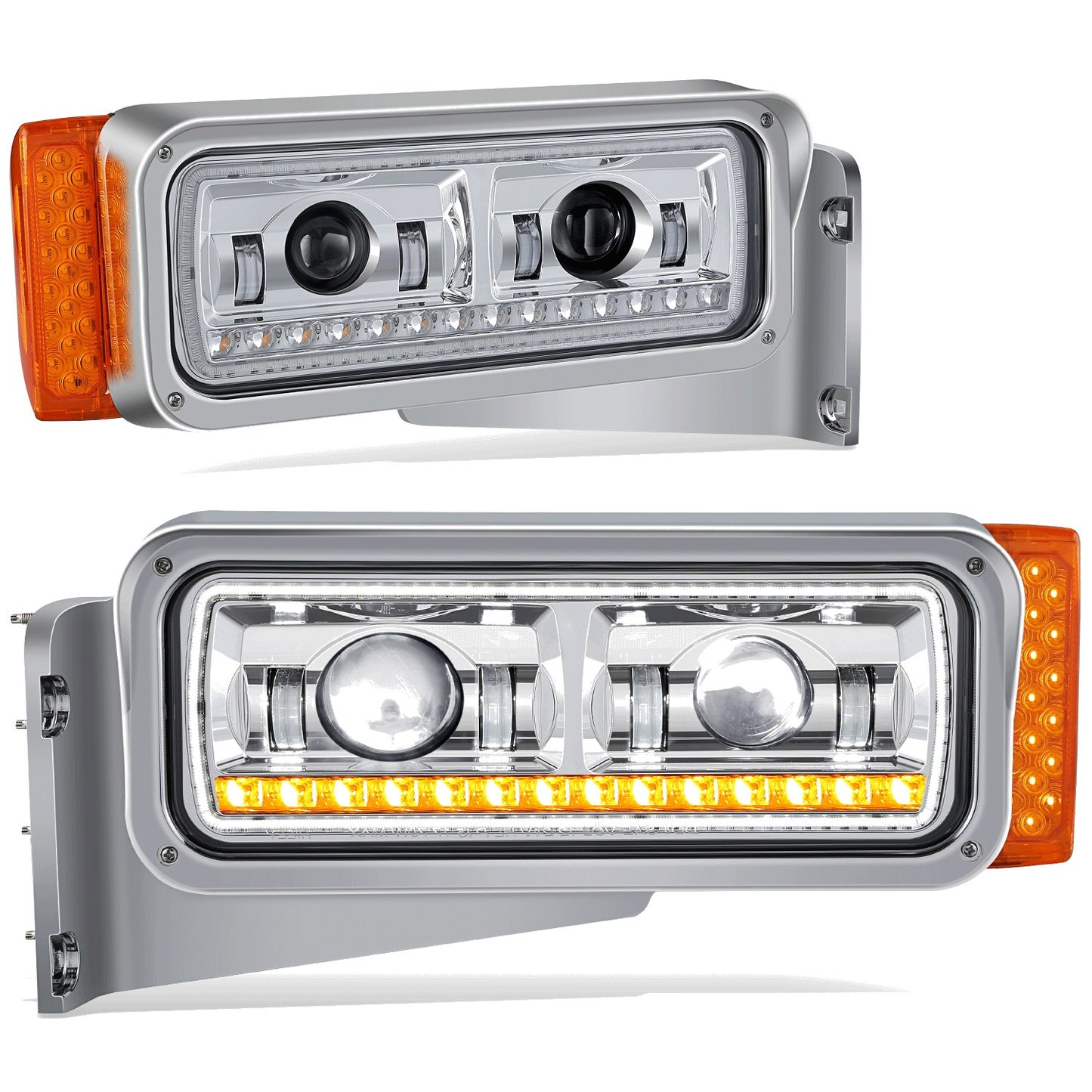 FAROS 81-88 PETERBILT 359 / 87-07 PETERBILT 379 / 08-21 PETERBILT 389 - FULL LED SEQUENTIAL CHASING TURN SIGNAL HEADLIGHT - CHROME