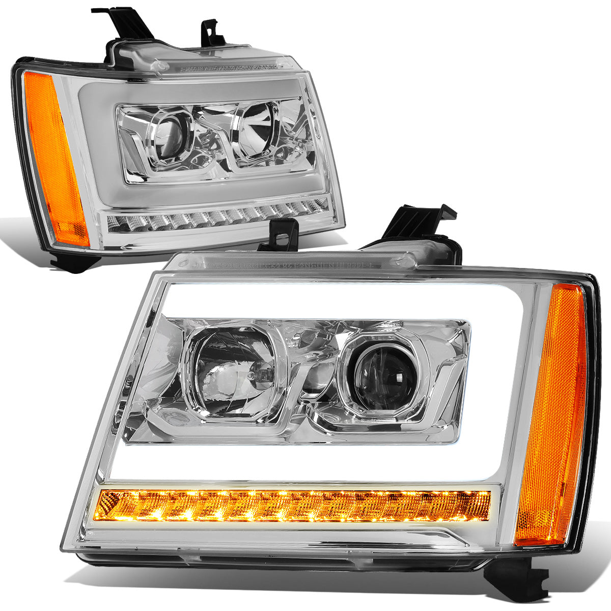 FAROS 07-13 CHEVY AVALANCHE, SUBURBAN 2500 / 07-14 CHEVY TAHOE, SUBURBAN 1500 - LED DRL - C-BAR - CHROME HOUSING / AMBER CORNER