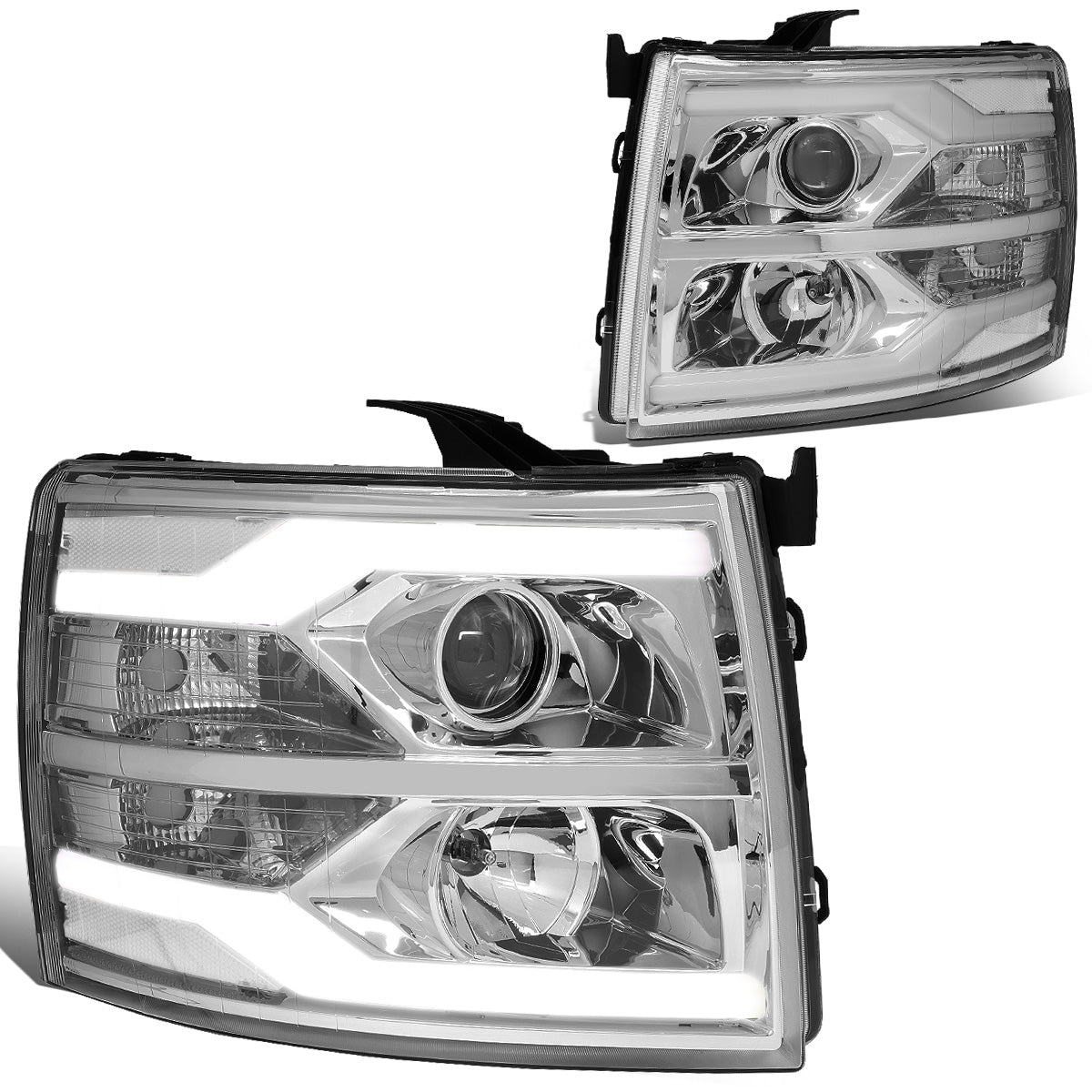 FAROS 07-13 CHEVY SILVERADO 1500 / 07-17 SILVERADO 2500, 3500 AND HD MODELS - DOES NOT FIT 2007 OLD BODY CLASSIC MODELS - LED DRL - DUAL LED - CHROME HOUSING / CLEAR CORNER