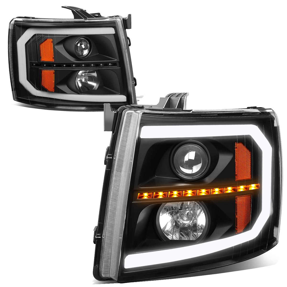 FAROS 07-13 CHEVY SILVERADO 1500 / 07-14 SILVERADO 2500, 3500 AND HD MODELS - DOES NOT FIT 2007 OLD BODY CLASSIC MODELS - LED DRL - SEQUENTIAL TURN SIGNAL - C-BAR - BLACK HOUSING / AMBER CORNER