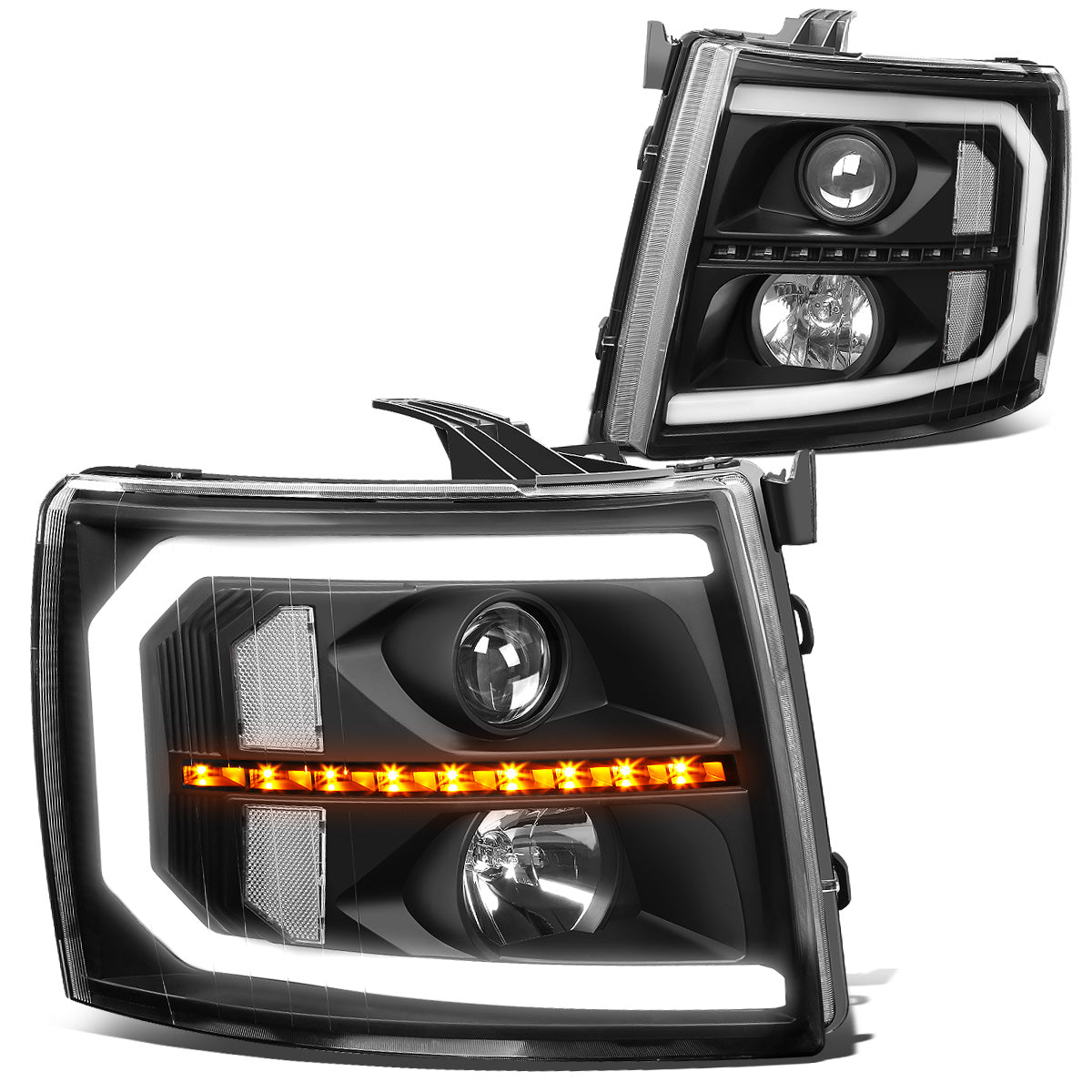 FAROS 07-13 CHEVY SILVERADO 1500 / 07-14 SILVERADO 2500, 3500 AND HD MODELS - DOES NOT FIT 2007 OLD BODY CLASSIC MODELS - LED DRL - SEQUENTIAL TURN SIGNAL - C-BAR - BLACK HOUSING / CLEAR CORNER