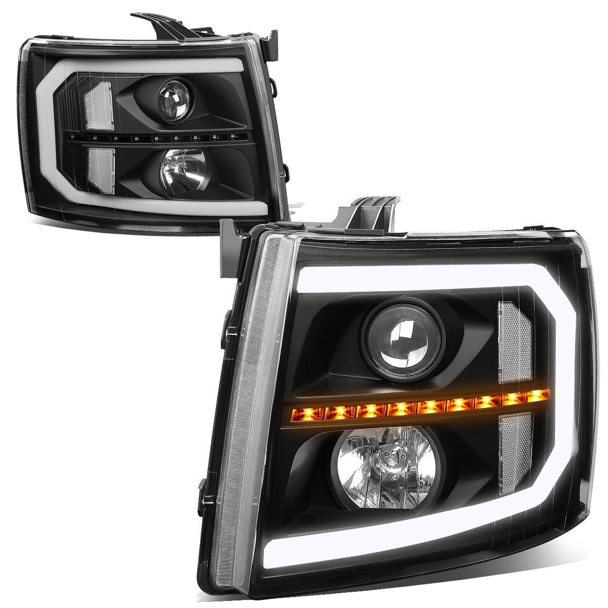 FAROS 07-13 CHEVY SILVERADO 1500 / 07-14 SILVERADO 2500, 3500 AND HD MODELS - DOES NOT FIT 2007 OLD BODY CLASSIC MODELS - LED DRL - SEQUENTIAL TURN SIGNAL - C-BAR - BLACK HOUSING / CLEAR CORNER