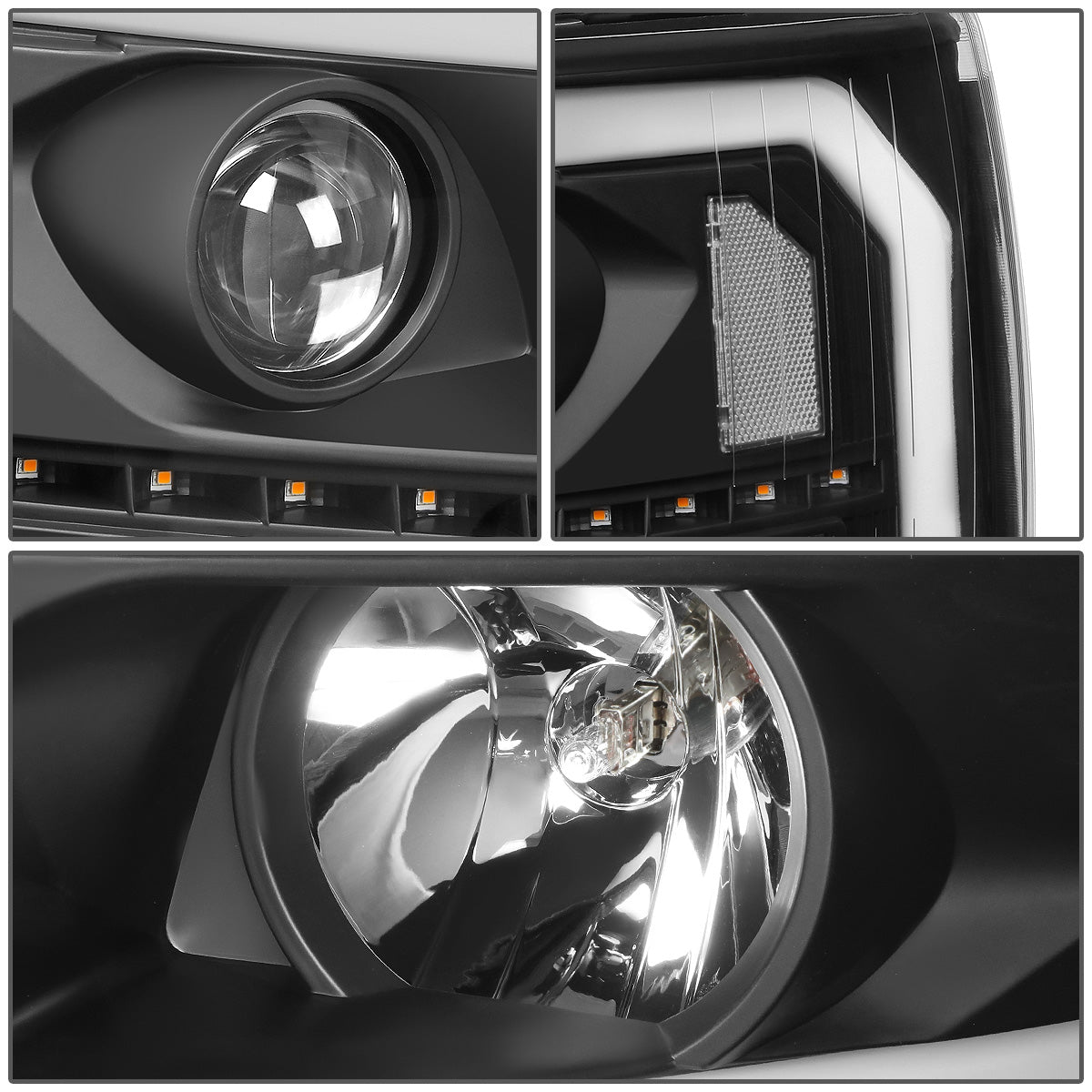 FAROS 07-13 CHEVY SILVERADO 1500 / 07-14 SILVERADO 2500, 3500 AND HD MODELS - DOES NOT FIT 2007 OLD BODY CLASSIC MODELS - LED DRL - SEQUENTIAL TURN SIGNAL - C-BAR - BLACK HOUSING / CLEAR CORNER