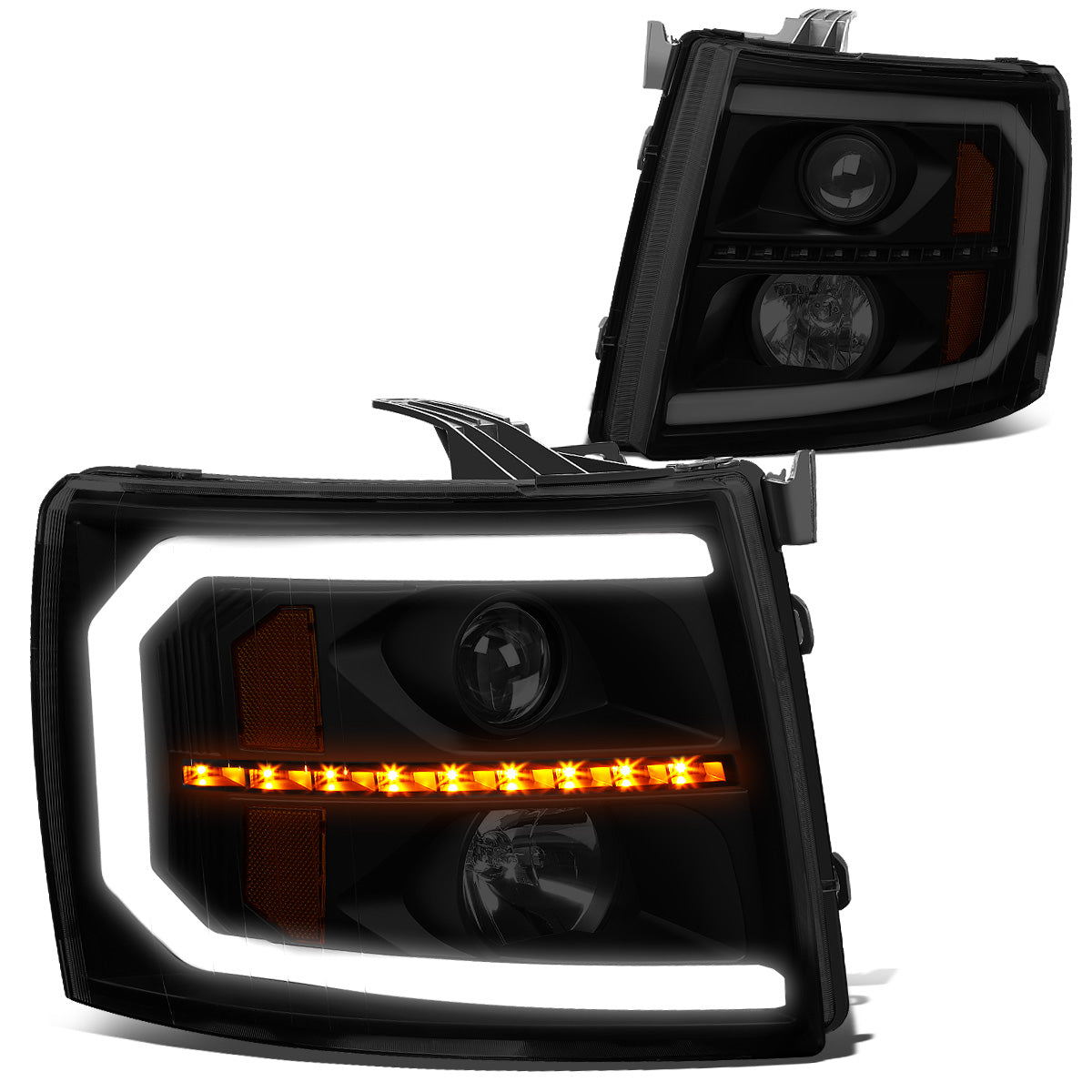 FAROS 07-13 CHEVY SILVERADO 1500 / 07-14 SILVERADO 2500, 3500 AND HD MODELS - DOES NOT FIT 2007 OLD BODY CLASSIC MODELS - LED DRL - SEQUENTIAL TURN SIGNAL - C-BAR - BLACK HOUSING / SMOKE LENS / AMBER CORNER