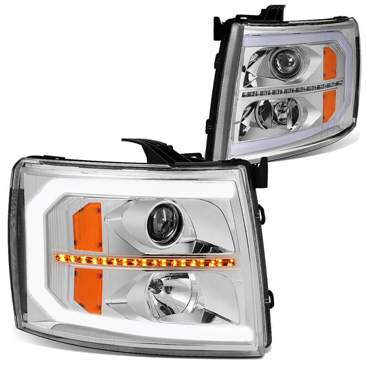 FAROS 07-13 CHEVY SILVERADO 1500 / 07-14 SILVERADO 2500, 3500 AND HD MODELS - DOES NOT FIT 2007 OLD BODY CLASSIC MODELS - LED DRL - SEQUENTIAL TURN SIGNAL - C-BAR - CHROME HOUSING / AMBER CORNER