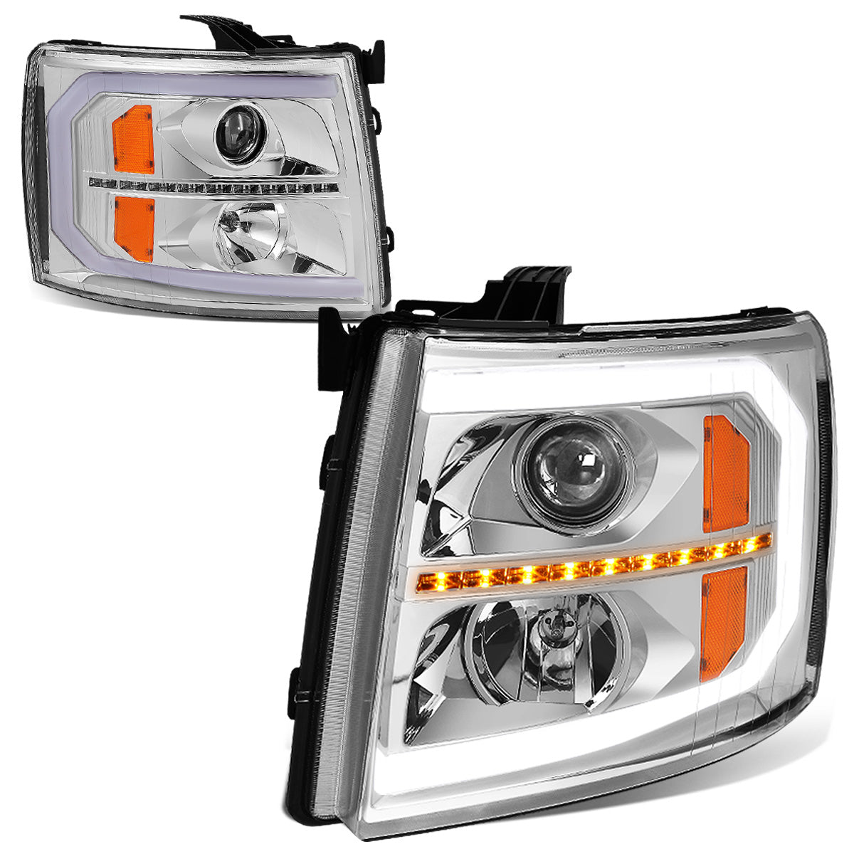 FAROS 07-13 CHEVY SILVERADO 1500 / 07-14 SILVERADO 2500, 3500 AND HD MODELS - DOES NOT FIT 2007 OLD BODY CLASSIC MODELS - LED DRL - SEQUENTIAL TURN SIGNAL - C-BAR - CHROME HOUSING / AMBER CORNER
