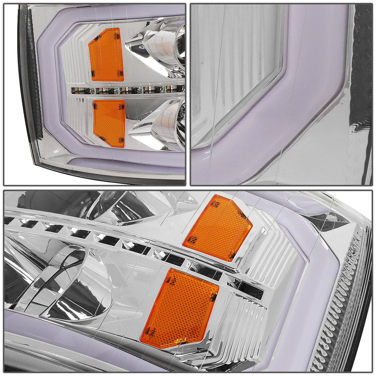 FAROS 07-13 CHEVY SILVERADO 1500 / 07-14 SILVERADO 2500, 3500 AND HD MODELS - DOES NOT FIT 2007 OLD BODY CLASSIC MODELS - LED DRL - SEQUENTIAL TURN SIGNAL - C-BAR - CHROME HOUSING / AMBER CORNER