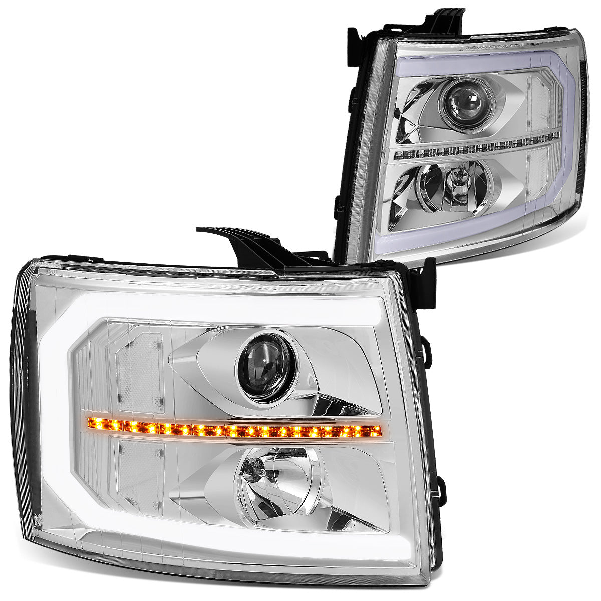 FAROS 07-13 CHEVY SILVERADO 1500 / 07-14 SILVERADO 2500, 3500 AND HD MODELS - DOES NOT FIT 2007 OLD BODY CLASSIC MODELS - LED DRL - SEQUENTIAL TURN SIGNAL - C-BAR - CHROME HOUSING / CLEAR CORNER