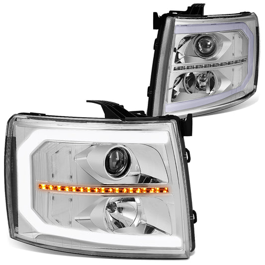 FAROS 07-13 CHEVY SILVERADO 1500 / 07-14 SILVERADO 2500, 3500 AND HD MODELS - DOES NOT FIT 2007 OLD BODY CLASSIC MODELS - LED DRL - SEQUENTIAL TURN SIGNAL - C-BAR - CHROME HOUSING / CLEAR CORNER