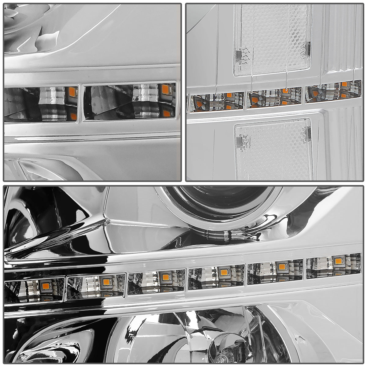 FAROS 07-13 CHEVY SILVERADO 1500 / 07-14 SILVERADO 2500, 3500 AND HD MODELS - DOES NOT FIT 2007 OLD BODY CLASSIC MODELS - LED DRL - SEQUENTIAL TURN SIGNAL - C-BAR - CHROME HOUSING / CLEAR CORNER