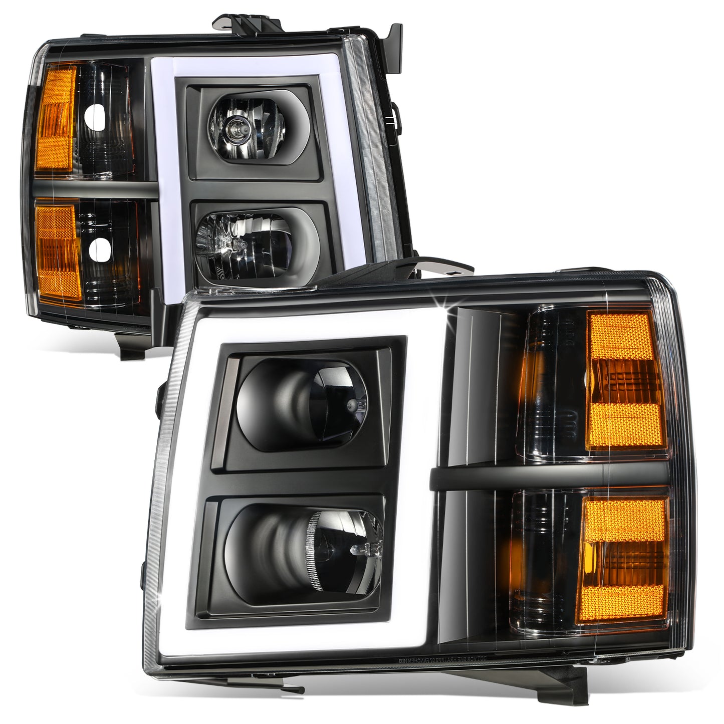 FAROS 07-13 CHEVY SILVERADO 1500 / 07-14 SILVERADO 2500 HD, 3500 - DOES NOT FIT 2007 OLD BODY CLASSIC MODELS - FITS MODELS WITH HALOGEN HEADLIGHTS ONLY - RECTANGLE LED DRL - BLACK HOUSING / AMBER CORNER