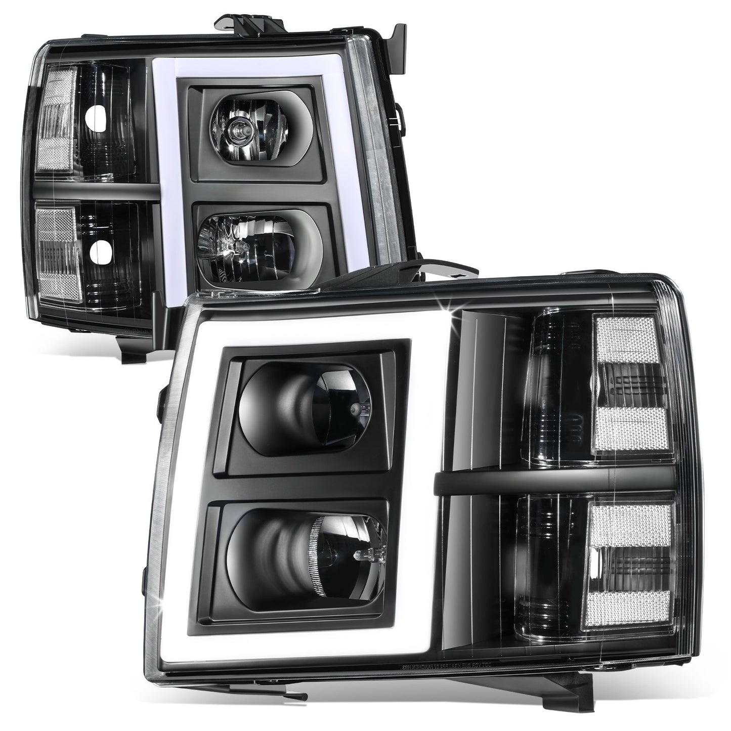 FAROS 07-13 CHEVY SILVERADO 1500 / 07-14 SILVERADO 2500 HD, 3500 - DOES NOT FIT 2007 OLD BODY CLASSIC MODELS - FITS MODELS WITH HALOGEN HEADLIGHTS ONLY - RECTANGLE LED DRL - BLACK HOUSING / CLEAR CORNER