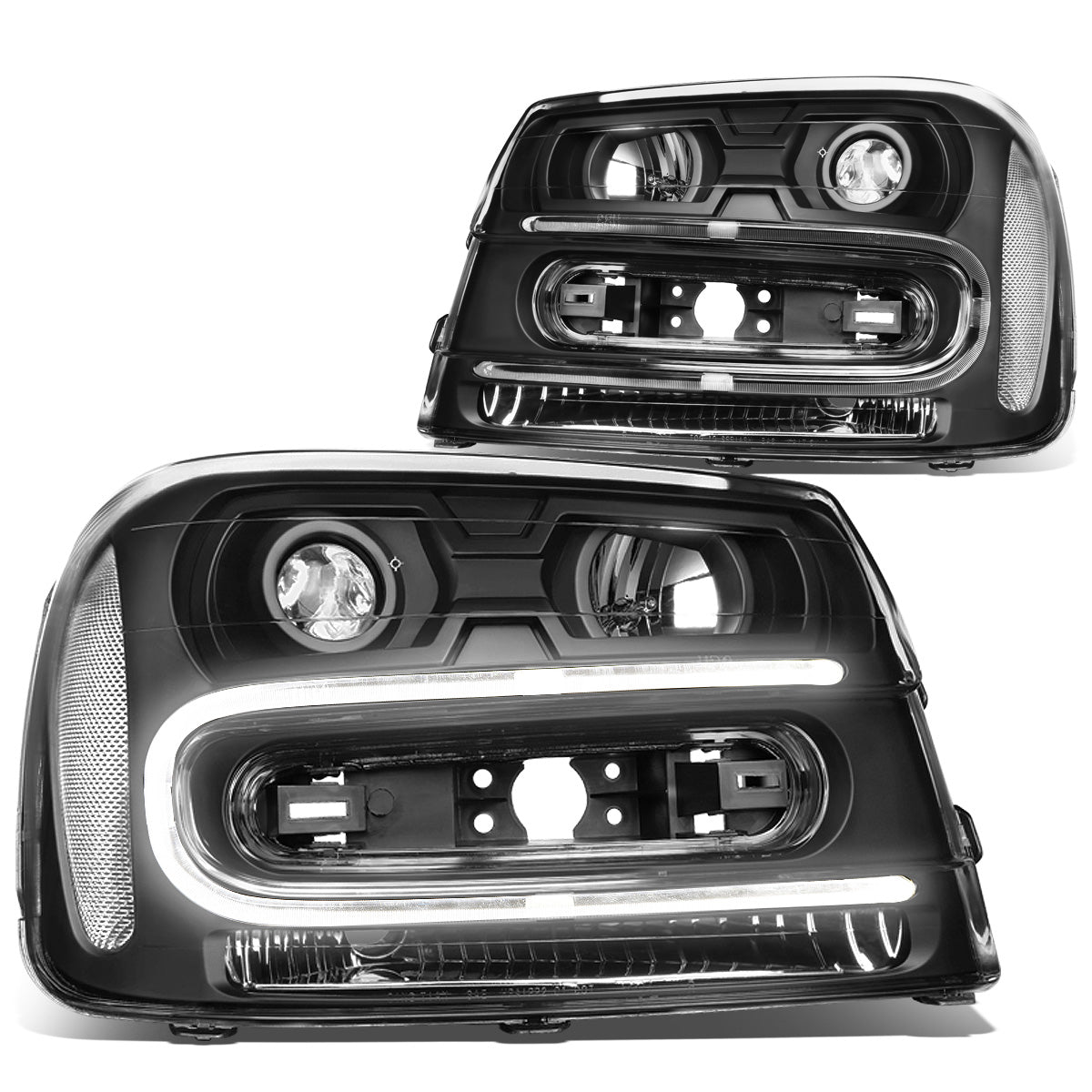 FAROS 02-06 CHEVY TRAILBLAZER EXT / 02-09 CHEVY TRAILBLAZER - 4DR - LED DRL - OE - BLACK HOUSING / CLEAR CORNER