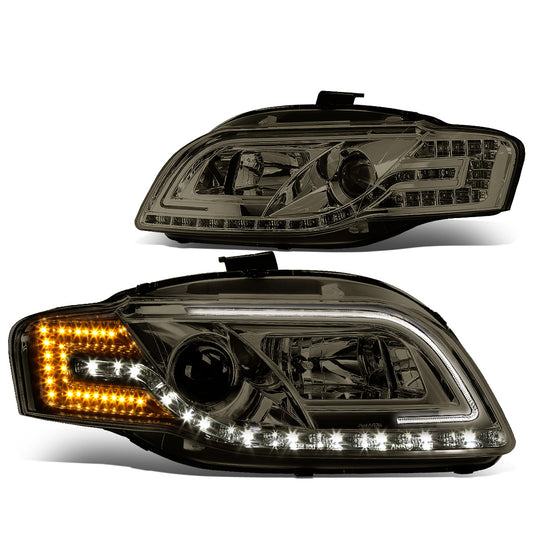 FAROS 06-08 AUDI A4, A4 QUATTRO, S4 - FOR 2005 MODELS, ONLY FITS NEW BODY - FITS SEDAN / WAGON MODELS WITH HALOGEN HEADLIGHTS ONLY - DOES NOT FIT CABRIO AND CABRIOLET MODELS - LED DRL - HALO PROJECTOR - SMOKE HOUSING / AMBER SIGNAL
