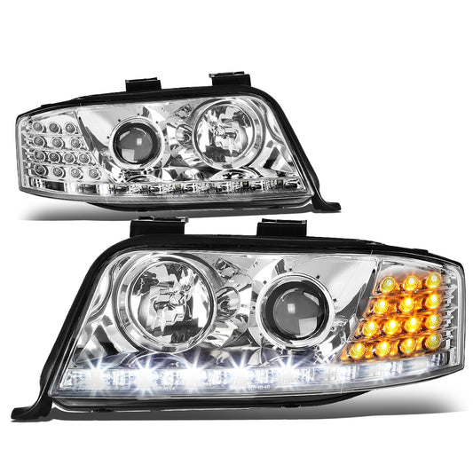 FAROS 02-04 AUDI A6, A6 QUATTRO FACELIFTED MODELS - DOES NOT FIT MODELS WITH OEM XENON HID HEADLIGHTS - ONLY FITS MODELS WITH FACTORY HALOGEN HEADLIGHTS - DOES NOT FIT 4.2L V8 MODELS - LED DRL - PROJECTOR - CHROME HOUSING / CLEAR LENS / AMBER SIGNAL