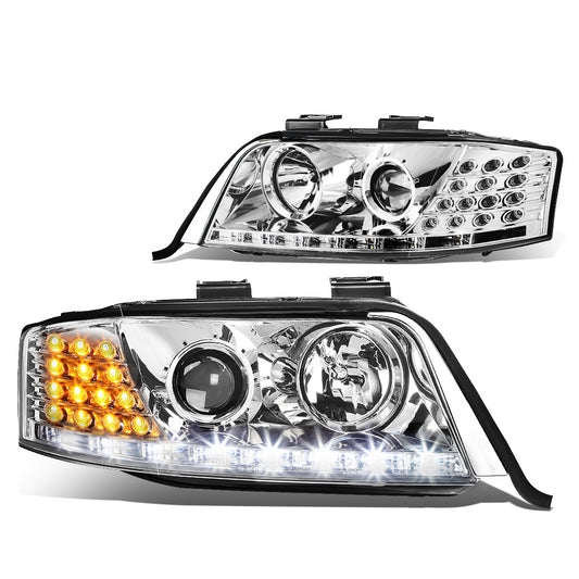 FAROS 98-01 AUDI A6, A6 QUATTRO - DOES NOT FIT MODELS WITH OEM XENON HID HEADLIGHTS - ONLY FITS MODELS WITH OEM HALOGEN HEADLIGHTS - LED DRL - PROJECTOR - CHROME HOUSING / CLEAR LENS / AMBER SIGNAL