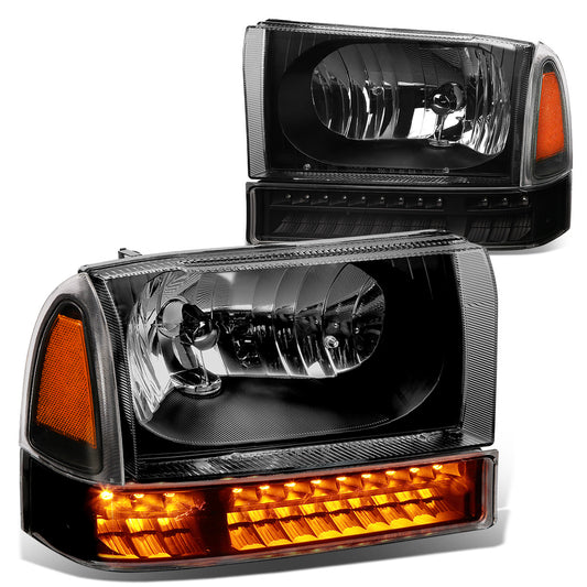 FAROS 99-04 FORD F-250, F-350 / 00-04 FORD EXCURSION 2/4-DOOR - DOES NOT FIT LIGHT DUTY MODELS OR MODELS WITH SEALED BEAM HEADLIGHTS - LED DRL - BLACK HOUSING / AMBER CORNER - 9007 LOW BEAM / HIGH BEAM