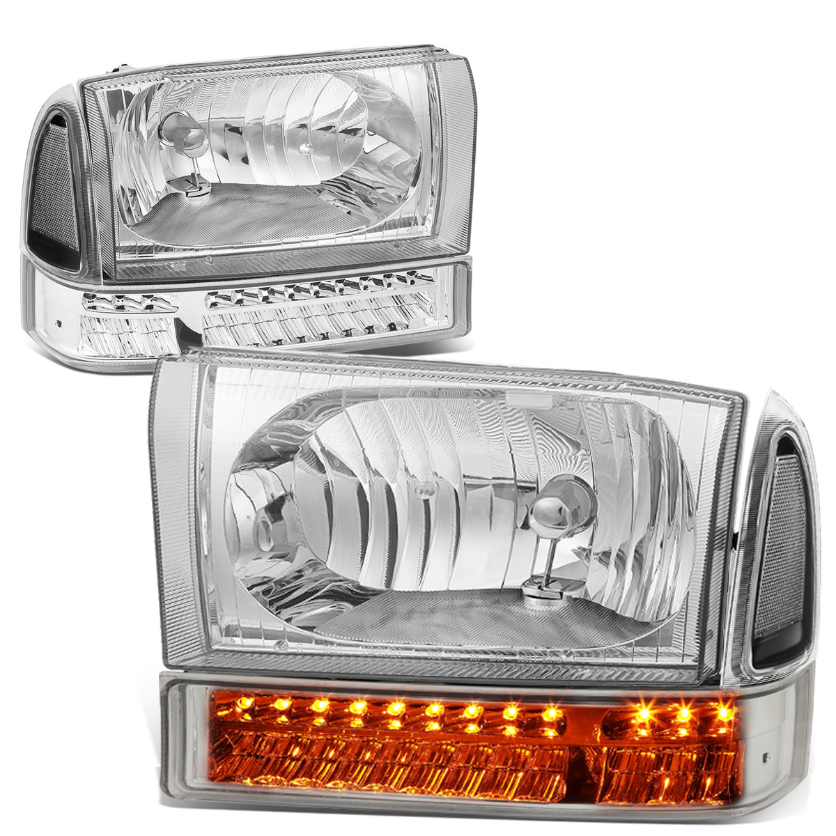 FAROS 99-04 FORD F-250, F-350 / 00-04 FORD EXCURSION 2/4-DOOR - DOES NOT FIT LIGHT DUTY MODELS OR MODELS WITH SEALED BEAM HEADLIGHTS - LED DRL - BLACK HOUSING / CLEAR CORNER - 9007 LOW BEAM / HIGH BEAM