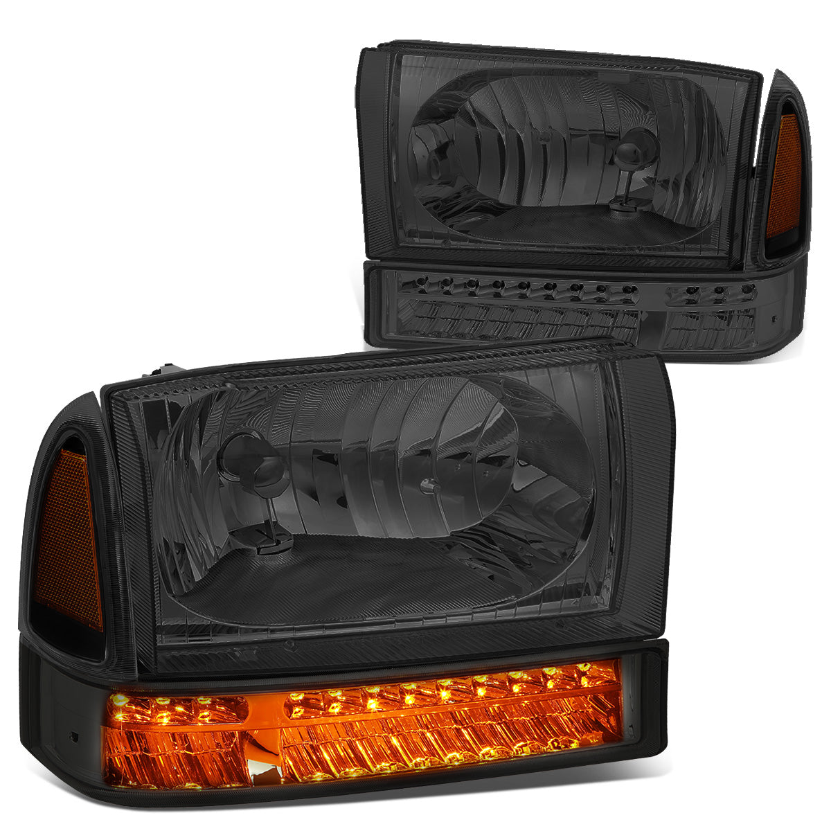 FAROS 99-04 FORD F-250, F-350 / 00-04 FORD EXCURSION 2/4-DOOR - DOES NOT FIT LIGHT DUTY MODELS OR MODELS WITH SEALED BEAM HEADLIGHTS - LED DRL - SMOKE HOUSING / AMBER CORNER - 9007 LOW BEAM / HIGH BEAM