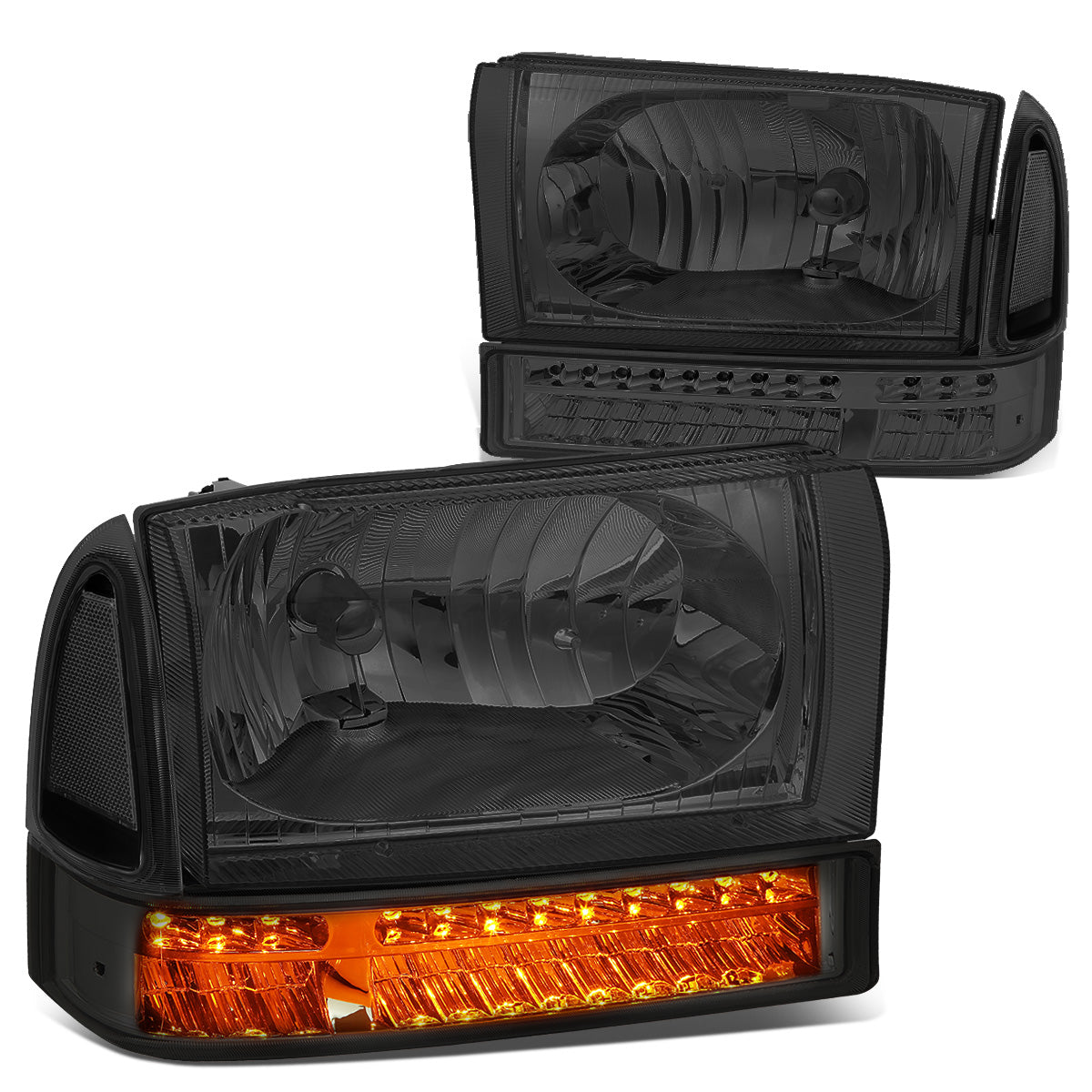 FAROS 99-04 FORD F-250, F-350 / 00-04 FORD EXCURSION 2/4-DOOR - DOES NOT FIT LIGHT DUTY MODELS OR MODELS WITH SEALED BEAM HEADLIGHTS - LED DRL - SMOKE HOUSING / CLEAR CORNER - 9007 LOW BEAM / HIGH BEAM