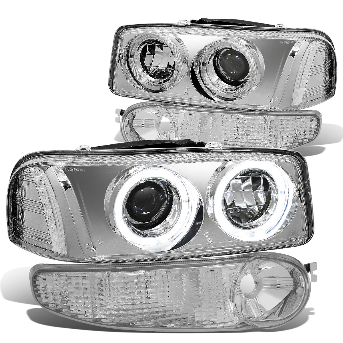 FAROS 01-06 YUKON DENALI, XL 1500 DENALI / 02-06 GMC SIERRA 1500 DENALI / 2007 GMC SIERRA 1500 DENALI 4-DOOR - FITS DENALI MODELS ONLY - LED - HALO PROJECTOR - CHROME HOUSING / CLEAR CORNER - 9005 LOW BEAM / HIGH BEAM