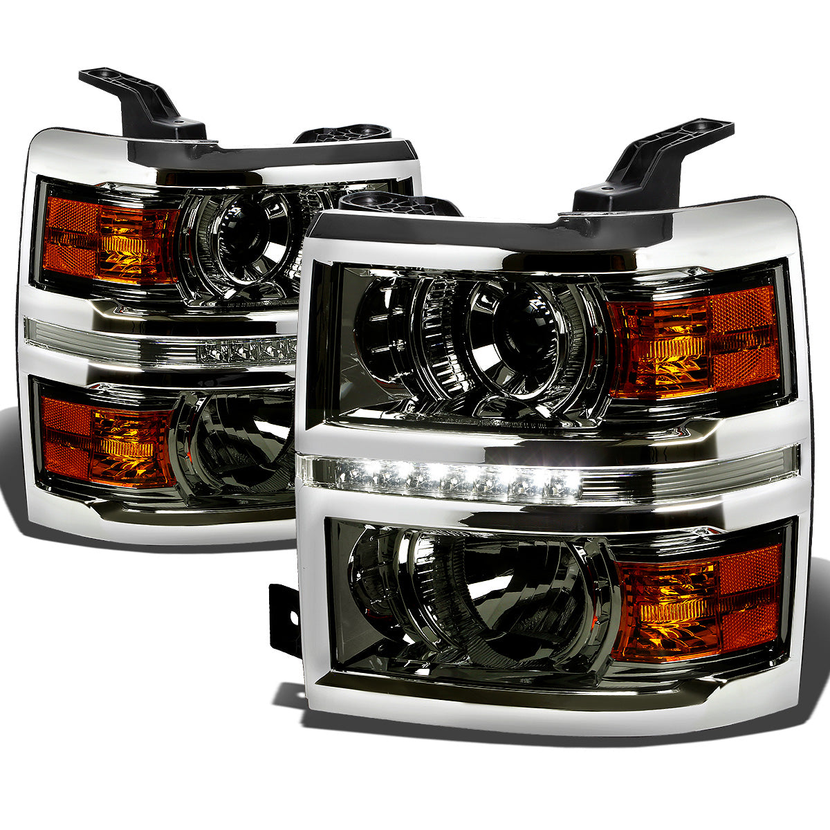 FAROS 14-15 CHEVY SILVERADO 2500 / 3500 / 14-16 SILVERADO 1500 / 2015 SILVERADO 3500 2/4-DOOR - LED - PROJECTOR - SMOKE HOUSING / AMBER CORNER - H11 LOW BEAM / 9005 HIGH BEAM