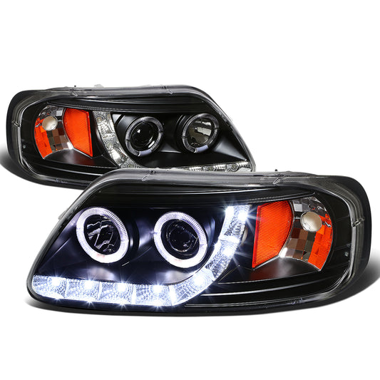 FAROS 97-99 FORD F-250 LIGHT DUTY / 97-02 FORD EXPEDITION / 97-03 FORD F-150 / 2004 FORD F-150 HERITAGE 2/4-DOOR - 1PC - LED DRL - HALO PROJECTOR - BLACK HOUSING / AMBER CORNER - H1 LOW BEAM / HIGH BEAM