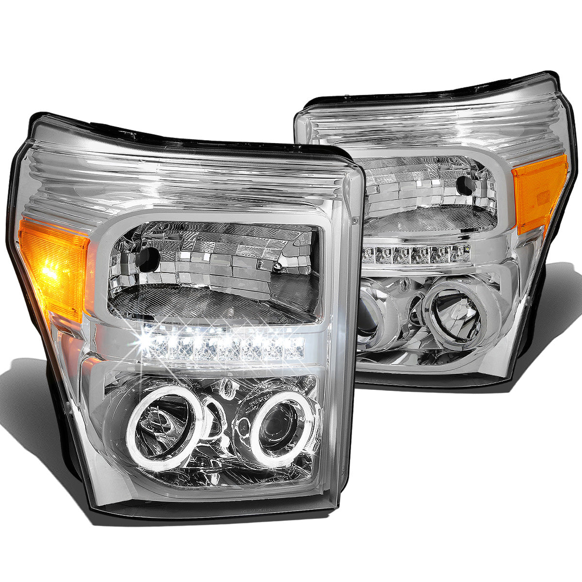 FAROS 11-16 FORD F-250, F-350, F-450, F-550 - SUPER DUTY 2/4-DOOR - LED - HALO PROJECTOR - CHROME HOUSING / AMBER CORNER - H1 LOW BEAM / HIGH BEAM