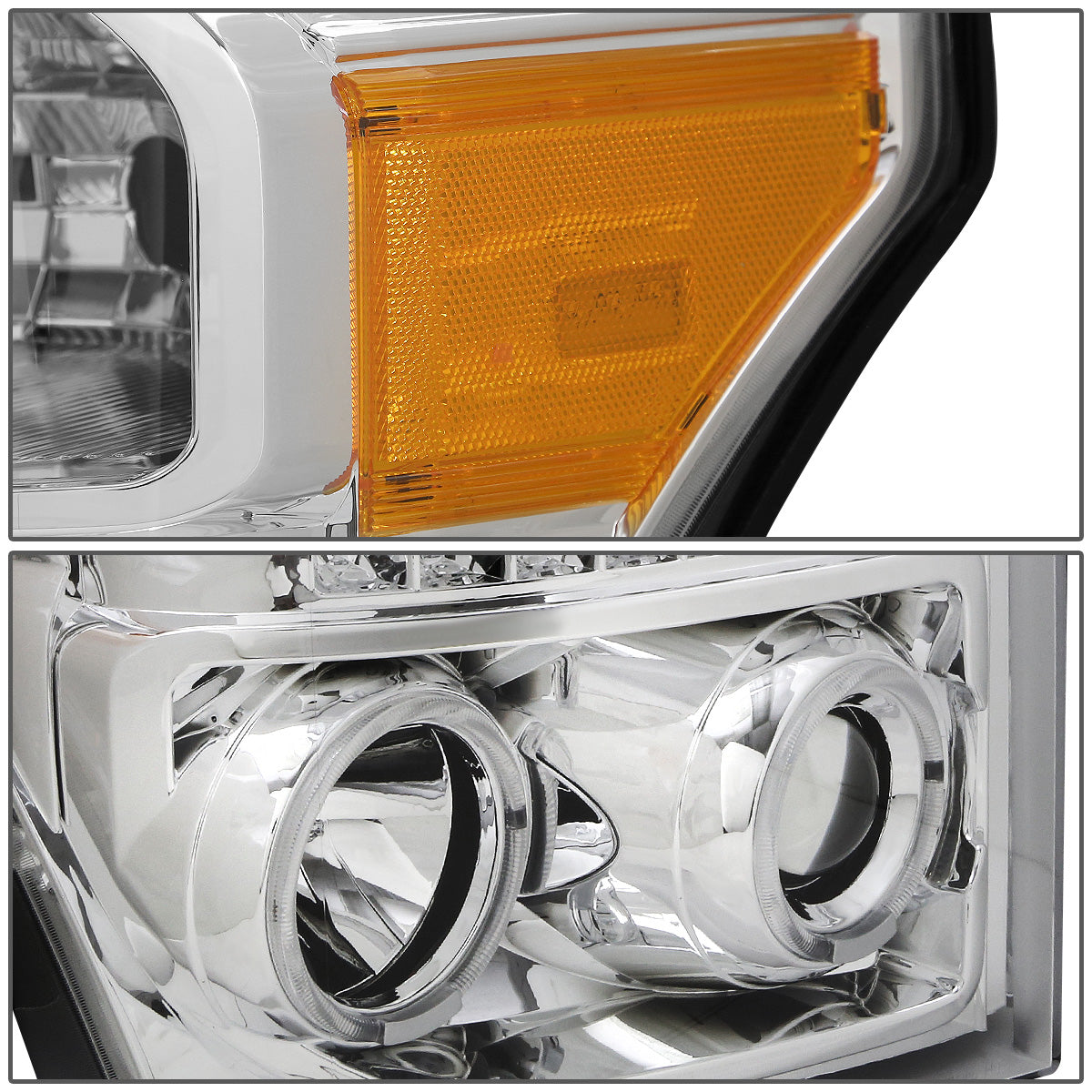 FAROS 11-16 FORD F-250, F-350, F-450, F-550 - SUPER DUTY 2/4-DOOR - LED - HALO PROJECTOR - CHROME HOUSING / AMBER CORNER - H1 LOW BEAM / HIGH BEAM
