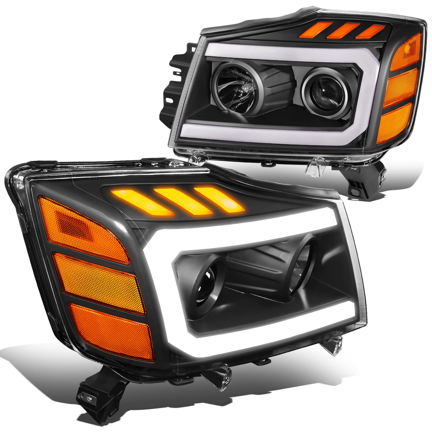 FAROS 04-15 NISSAN TITAN / 05-07 NISSAN ARMADA - 3D LED DRL - PROJECTOR - BLACK HOUSING / AMBER CORNER