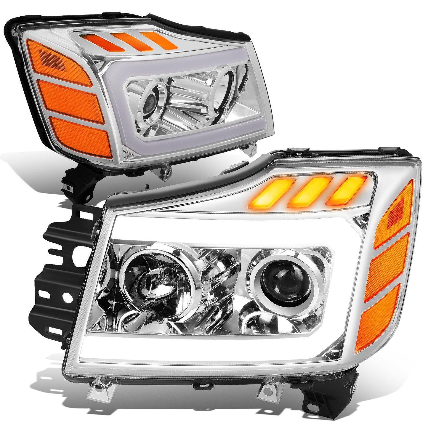 FAROS 04-15 NISSAN TITAN / 05-07 NISSAN ARMADA - 3D LED DRL - PROJECTOR - CHROME HOUSING / AMBER CORNER