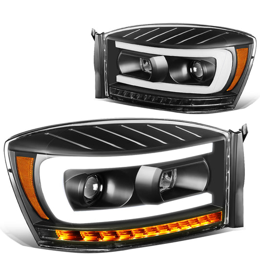 FAROS 06-08 DODGE RAM 1500 / 06-09 DODGE RAM 2500, 3500 - FITS MODELS WITH HALOGEN HEADLAMPS ONLY - LED DRL - PROJECTOR - BLACK HOUSING / AMBER CORNER - H1 LOW BEAM / H1 HIGH BEAM / INTEGRATED LED SIGNAL & MARKER