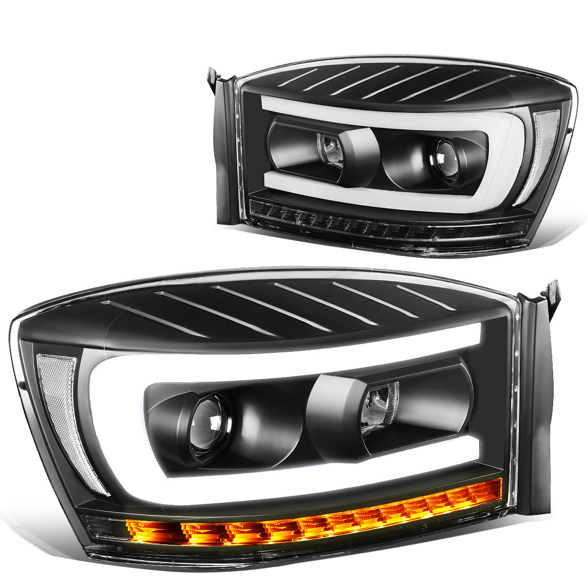 FAROS 06-08 DODGE RAM 1500 / 06-09 DODGE RAM 2500, 3500 - FITS MODELS WITH HALOGEN HEADLAMPS ONLY - LED DRL - PROJECTOR - BLACK HOUSING / CLEAR CORNER - H1 LOW BEAM / H1 HIGH BEAM / INTEGRATED LED SIGNAL & MARKER