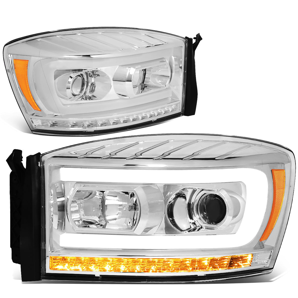 FAROS 06-08 DODGE RAM 1500 / 06-09 DODGE RAM 2500, 3500 - FITS MODELS WITH HALOGEN HEADLAMPS ONLY - LED DRL - PROJECTOR - CHROME HOUSING / AMBER CORNER - H1 LOW BEAM / H1 HIGH BEAM / INTEGRATED LED SIGNAL & MARKER