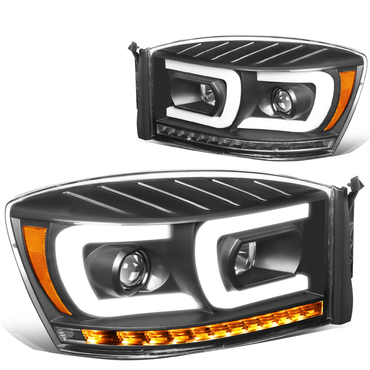 FAROS 06-08 DODGE RAM 1500 / 06-09 DODGE RAM 2500, 3500 - FITS MODELS WITH HALOGEN HEADLAMPS ONLY - DUAL LED DRL - PROJECTOR - BLACK HOUSING / AMBER CORNER - H1 LOW BEAM / H1 HIGH BEAM / INTEGRATED LED SIGNAL & MARKER