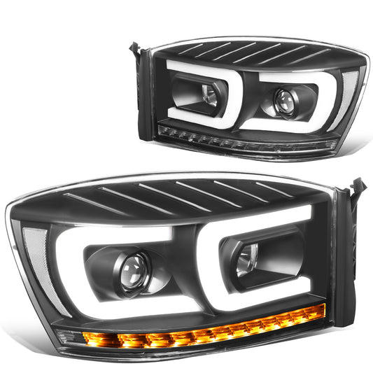 FAROS 06-08 DODGE RAM 1500 / 06-09 DODGE RAM 2500, 3500 - FITS MODELS WITH HALOGEN HEADLAMPS ONLY - DUAL LED DRL - PROJECTOR - BLACK HOUSING / CLEAR CORNER - H1 LOW BEAM / H1 HIGH BEAM / INTEGRATED LED SIGNAL & MARKER