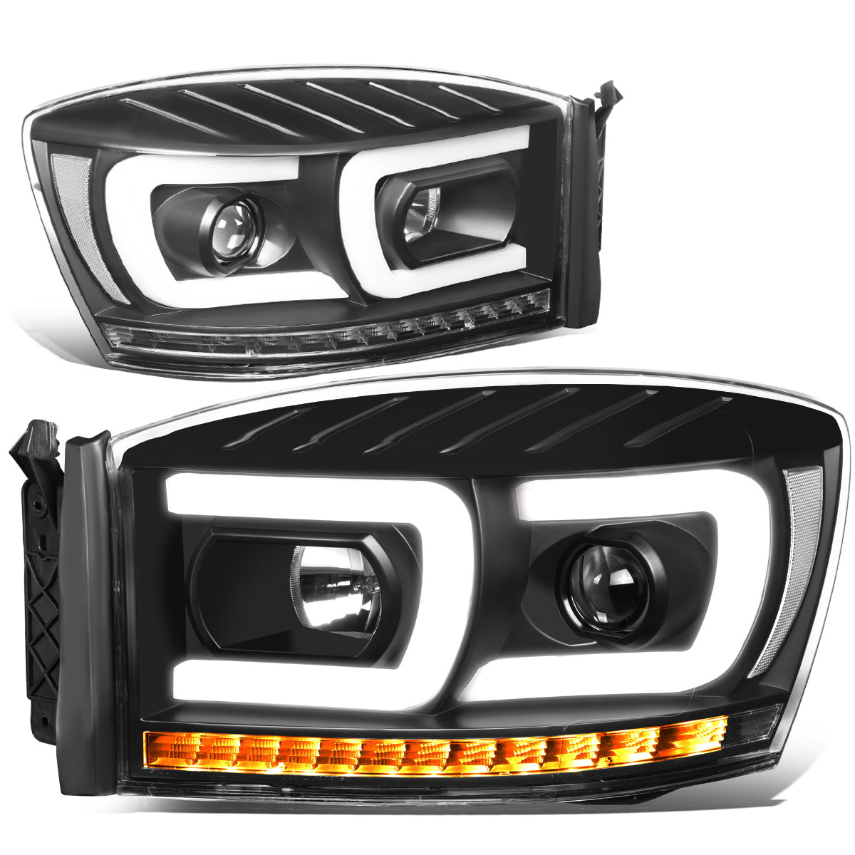 FAROS 06-08 DODGE RAM 1500 / 06-09 DODGE RAM 2500, 3500 - FITS MODELS WITH HALOGEN HEADLAMPS ONLY - DUAL LED DRL - PROJECTOR - BLACK HOUSING / CLEAR CORNER - H1 LOW BEAM / H1 HIGH BEAM / INTEGRATED LED SIGNAL & MARKER