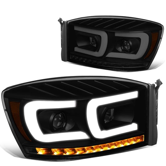 FAROS 06-08 DODGE RAM 1500 / 06-09 DODGE RAM 2500, 3500 - FITS MODELS WITH HALOGEN HEADLAMPS ONLY - DUAL LED DRL - PROJECTOR - BLACK HOUSING / SMOKE LENS / AMBER CORNER - H1 LOW BEAM / H1 HIGH BEAM / INTEGRATED LED SIGNAL & MARKER