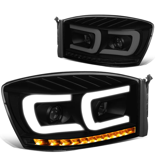 FAROS 06-08 DODGE RAM 1500 / 06-09 DODGE RAM 2500, 3500 - FITS MODELS WITH HALOGEN HEADLAMPS ONLY - DUAL LED DRL - PROJECTOR - BLACK HOUSING / SMOKE LENS / CLEAR CORNER - H1 LOW BEAM / H1 HIGH BEAM / INTEGRATED LED SIGNAL & MARKER