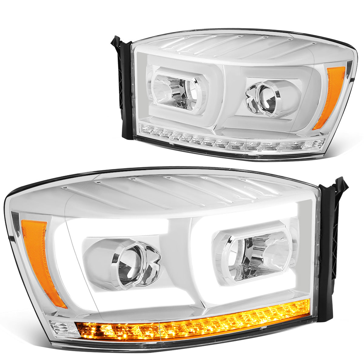 FAROS 06-08 DODGE RAM 1500 / 06-09 DODGE RAM 2500, 3500 - FITS MODELS WITH HALOGEN HEADLAMPS ONLY - DUAL LED DRL - PROJECTOR - CHROME HOUSING / AMBER CORNER - H1 LOW BEAM / H1 HIGH BEAM / INTEGRATED LED SIGNAL & MARKER