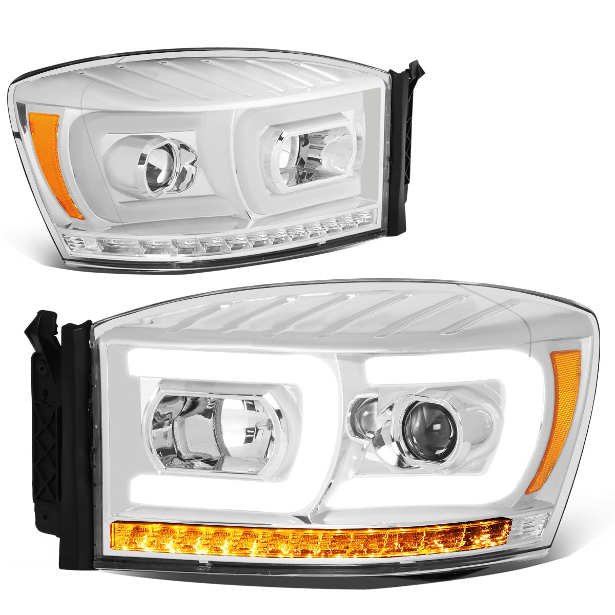FAROS 06-08 DODGE RAM 1500 / 06-09 DODGE RAM 2500, 3500 - FITS MODELS WITH HALOGEN HEADLAMPS ONLY - DUAL LED DRL - PROJECTOR - CHROME HOUSING / AMBER CORNER - H1 LOW BEAM / H1 HIGH BEAM / INTEGRATED LED SIGNAL & MARKER