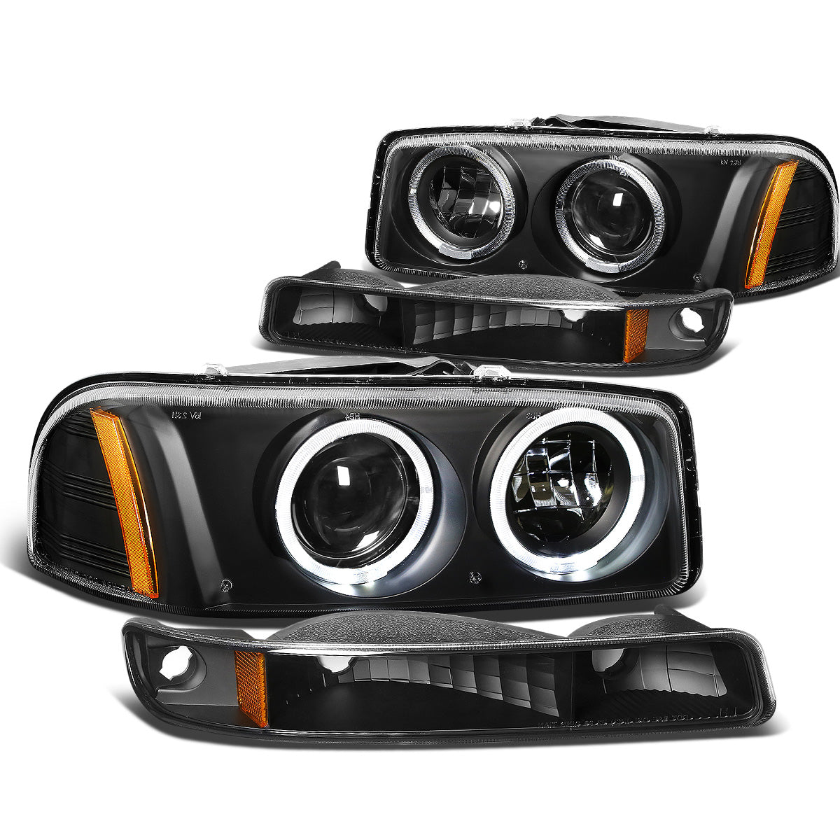 FAROS 99-07 GMC SIERRA , YUKON 4-DOOR - LED - DUAL HALO PROJECTOR - BLACK HOUSING / AMBER CORNER - 9005 LOW BEAM / HIGH BEAM