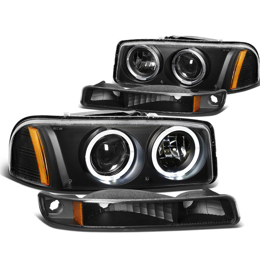FAROS 99-07 GMC SIERRA , YUKON 4-DOOR - LED - DUAL HALO PROJECTOR - BLACK HOUSING / AMBER CORNER - 9005 LOW BEAM / HIGH BEAM