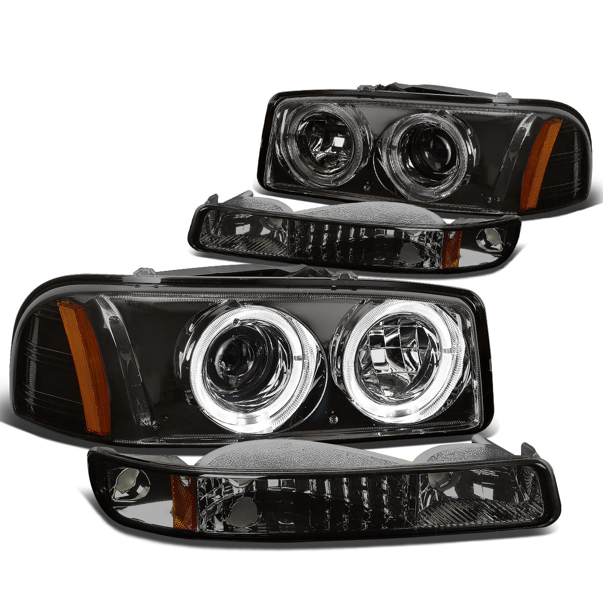 FAROS 99-07 GMC SIERRA , YUKON 4-DOOR - LED - DUAL HALO PROJECTOR - SMOKE HOUSING / AMBER CORNER - 9005 LOW BEAM / HIGH BEAM