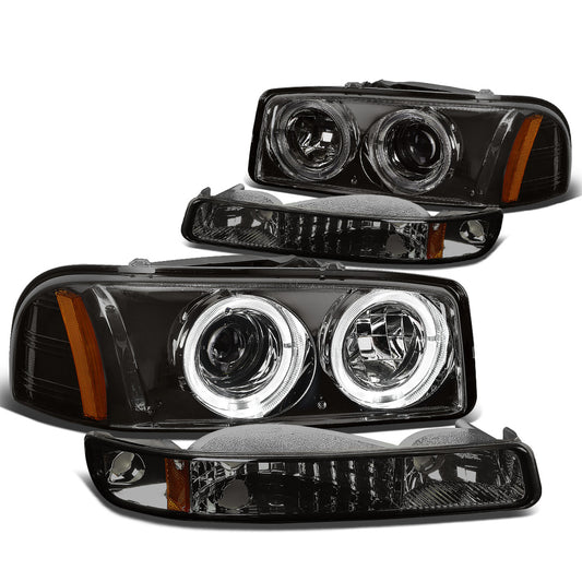 FAROS 99-07 GMC SIERRA , YUKON 4-DOOR - LED - DUAL HALO PROJECTOR - SMOKE HOUSING / AMBER CORNER - 9005 LOW BEAM / HIGH BEAM